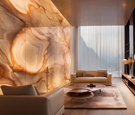Стеновые панели из натурального камня с подсветкой в гостиной